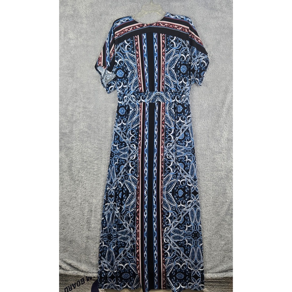 Cato Womens Blue Paisley Print V-Neck Maxi Dress Short Sleeve Front Slit Large - Picture 2 of 7